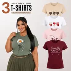 Kit 3 Blusas Feminina Plus Size Manga Curta Gola Redonda Básica Casual