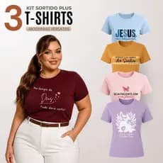 Kit 3 Blusa Feminina T-Shirt Plus Size Manga Curta 100% Algodão Malha Premium