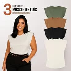 Kit 3 Blusas Feminina Plus Size Muscle Tee Moderna Casual 100% Algodão Premium - J00