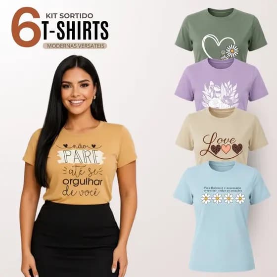 Kit 6 Blusas Feminina  Manga Curta Gola Redonda Básica Casual