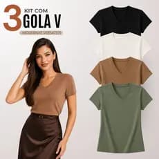 Kit 3 Blusas Feminina Gola V  Básica Casual 100% Algodão - G00