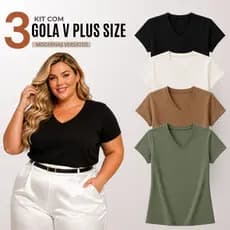 Kit 3 Blusas Feminina Plus Size Gola V Básica Casual - H00