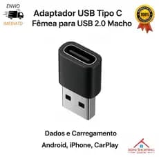 Adaptador USB Tipo C Fêmea USB 2.0 Macho Dados e Carregamento Android  iPhone CarPlay