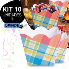 Kit 10 Cachepô Decoração Festa Junina Xadrez Azul Pote de Papel Cachepot