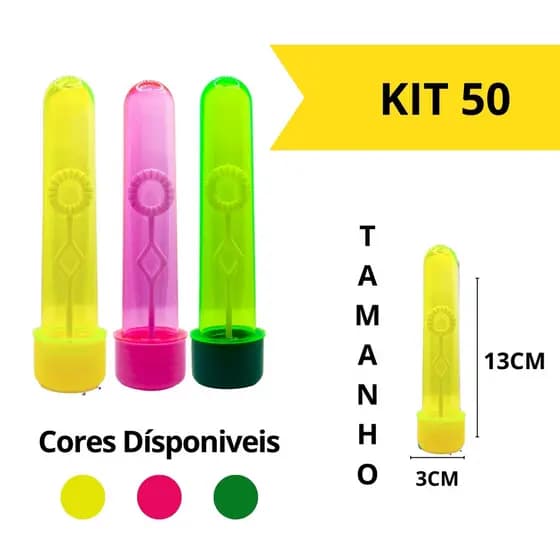 Tubete Bolha de Sabao Neon Colorido Lembrancinha Festa Infantil 13 cm Kit 50