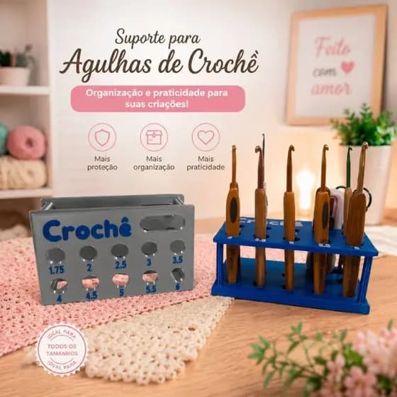 Porta Agulhas de Crochê Numerado - Agulha De Crochê Numero 1,75 a 6 mm/Compartimento Multiuso para Tesoura e Acessórios