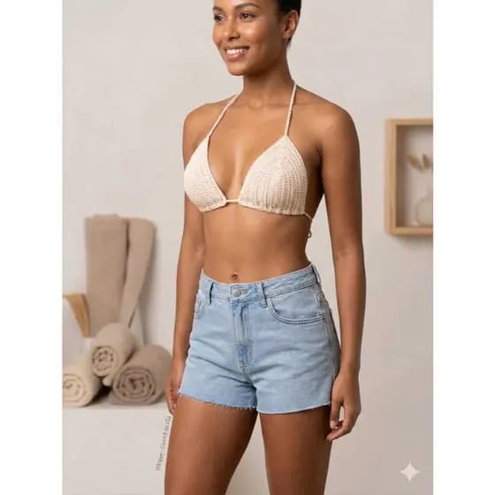 🌞 Biquíni Feminino de Crochê Cortininha Ajustável Tamanho 40 M – Porcelana e Branco | Moda Praia Verão