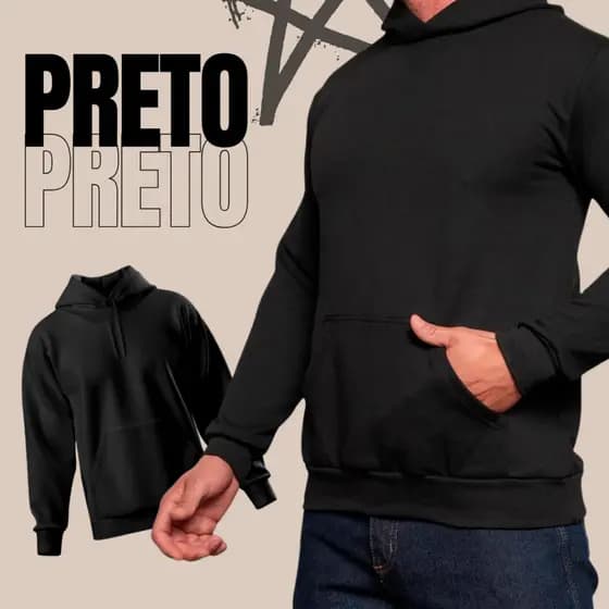 MOLETOM BLUSA DE FRIO PRETO CANGURU 100% ALGODAO LISO COM CAPUZ UNISSEX