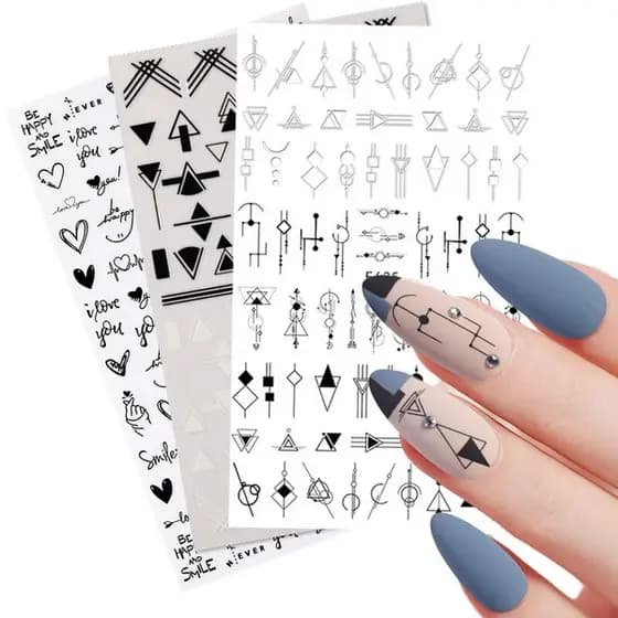 3D Preto Branco Manicure Adesivos Geométricos Art Linhas De Transferência De Blocos Deslizante Abstrato Rosto Folha De Flores Decalques De Unhas