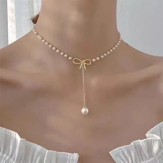 Novo Estilo Laço Colar De Pérola Rhinestone Tassel Pendant Requintado Cadeia De Clavícula Moda Exclusiva Sim
