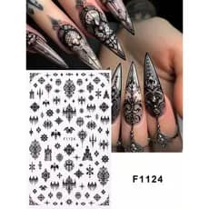 Preto Gótico Estilo Escuro Halloween Adesivos De Arte De Unhas F11244 Igreja Renda Crânio Morcego Decalques Deslizantes