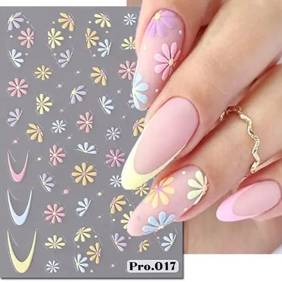 Decalques Florais Em Relevo 5D Para Arte Unhas , Adesivos Rosa Amarelo Azul Margarida Flor , Acabamento Fosco Adesivo Po