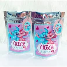 SAQUINHO METALIZADO ZIP LOCK PERSONALIZADO STITCH E ANGEL PARA LEMBRANCINHA- TAMANHO P