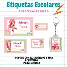 KIT ESCOLAR ETIQUETA PERSONALIZADA MORANGUINHO -KIT 103 etiquetas 1 chaveiro identificador mochila/KIT ETIQUETA ESCOLAR