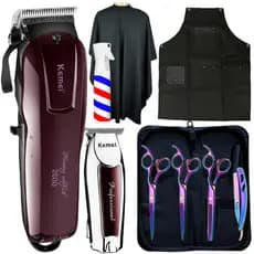Kit Tesoura Barbeiro Cabeleireiro Tesoura Fio Laser Tesoura Fio Navalha com Navalhete Tesoura Desfiadeira Desbaste E Maquinas Corte Cabelo Maquina de Acabamento e Maquina Corta Cabelo com Acessorios Capa e Avental e Borrofador Nevoa