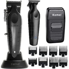Kit Maquina Cortar Cabelo Acabamento e Shaver Kit Kemei Black Corta Cabelo e Fazer Pezinho KM2296 KM2299 KM1102 Barbeiro e Cabeleireiro Maquinas Corte