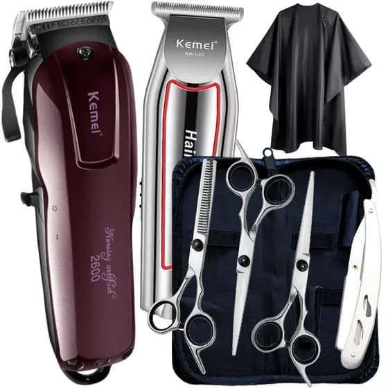 Kit Maquina de Cortar Cabelo + Kit Tesouras Profissionais Para Barbeiro Tesoura Fio Navalha Fio Laser Capa KM2600 KM032
