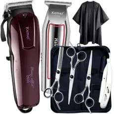 Kit Maquina de Cortar Cabelo + Kit Tesouras Profissionais Para Barbeiro Tesoura Fio Navalha Fio Laser Capa KM2600 KM032