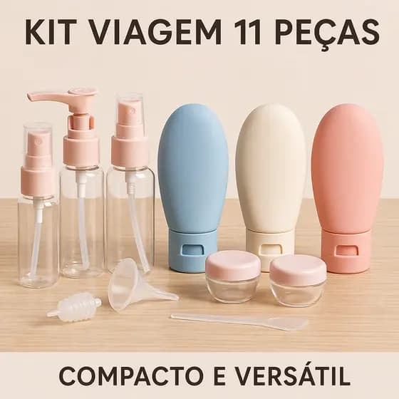 Kit Frascos de Viagem 11 Peça Silicone Portátil Necessaire Avião Shampoo Creme Cosméticos