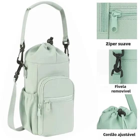 Bolsa Porta garrafa de água 40oz com 2 bolsos alça ajustável gancho chave impermeável para esporte e viagem