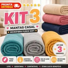Kit 3 Mantas Lisas Cobertor Fleece Casal Padrão 2,00m x 1,80m Cores Sortidas Mantinha Soft Luxo