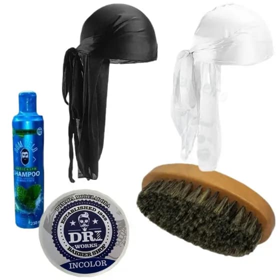 Kit Durag com Escova Oval Waves, Bandana, Dureg, Escova e Shampoo para Cabelo Afro
