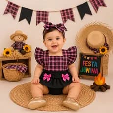 Roupa Festa Junina Bebê Menina Conjunto Romper + Tiara Caipira Xadrez Luxo