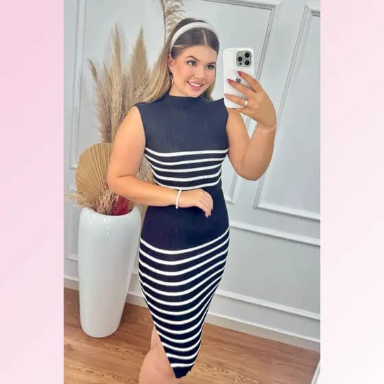Saia e Cropped Feminino de Tricot com Listras