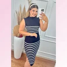 Saia e Cropped Feminino de Tricot com Listras