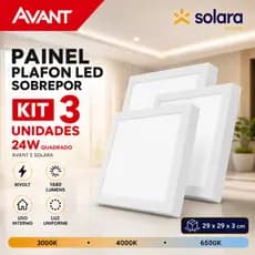 Kit 3 Painel Plafon Luminária LED Sobrepor 24w Forro PVC DryWall Gesso Quadrado Avant Solara