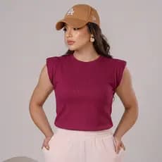 Blusa Feminina Muscle tee Lisa Ribana Canelada Gola Redonda Básica Social Elegante