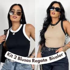 Kit 2 Blusas Feminina Bicolor Regata Canelada Ribana Premium Social Americana Básica Promoção