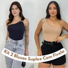 Kit 2 Blusas Feminina Nula Manga Argola Assimetrica Dourada Suplex Feminino Premium Elegante