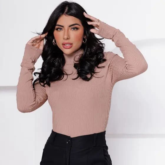Blusa Manga Longa Blusa Gola Alta Cacharrel Feminino Blusa de Frio Feminina Canelada Inverno Manga