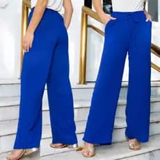 Calça Pantalona Feminina Com Bolso Cintura Alta Viscose