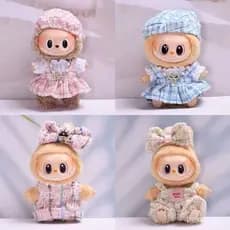 Conjunto de Roupa para Boneca Labubu 17cm, Estilo Tecido Tweed e Detalhes de Strass para Moda Kawaii