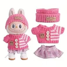 conjunto de roupa de boneca traje de malha rosa saia de xadrez para labubu bonecas pequenas mini 15-17cm pelúcia anime