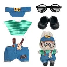 Conjunto de Roupa Casual para Boneca Labubu 17cm, Estilo Vintage Jeans, Óculos e Sapatos para Moda Kawaii