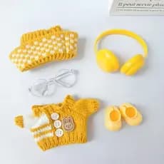 conjunto de roupa de boneca traje de tricô amarelo com acessórios para labubu bonecas pequenas mini 17cm pelúcia anime