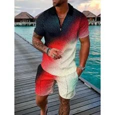 Homens& # Conjunto de Treino de Algodão em Cor Sólida com Camisa Polo de Manga Curta e Zíper &amp; Conjunto de Shorts Ma