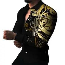 Camisa Masculina de Algodão com Estampa Digital, Manga Longa, Casual para Negócios, Camisa Social Masculina de Botão Úni