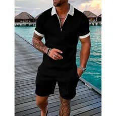 Homens& # Conjunto de Treino de Algodão em Cor Sólida com Camisa Polo de Manga Curta e Zíper &amp; Conjunto de Shorts pa
