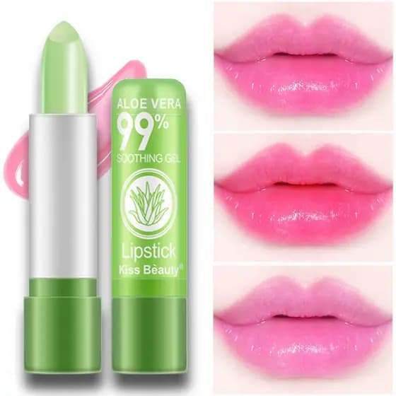 Bálsamo Labial Hidratante Batom Cor Natural Aloe Vera Mudança de Cor com a Temperatura Longa Duração Proteção e Cuidado