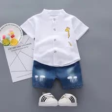 Terno Crianças Menino 1-4 Anos De Idade Animal Girafa Estampa Camisa Manga Curta Jeans Curto 2pcs Conjunto De Festa De Aniversário Roupas De Bebê Para Meninos Verão