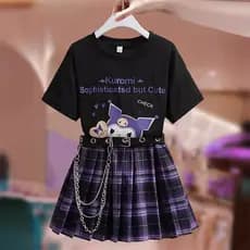 Kuromi Terno Dos Desenhos Animados Para Crianças Menina 2 Peças Conjunto Preto Sanrio Camiseta JK Vestido Meninas Verão