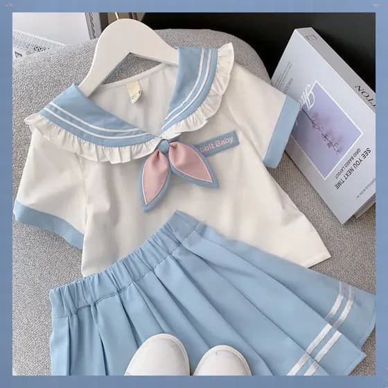 Conjunto De 2 Peças Terno Para Crianças Camiseta Azul Saia Plissada Menina 3 7 8 12 14 Anos JK Uniforme Bebê Faculdade E