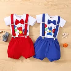 Conjunto De Roupas Para Bebês Meninos De 1 Ano , Algodão , Manga Curta , Body Com Suspensório E Shorts , Roupa De Primei