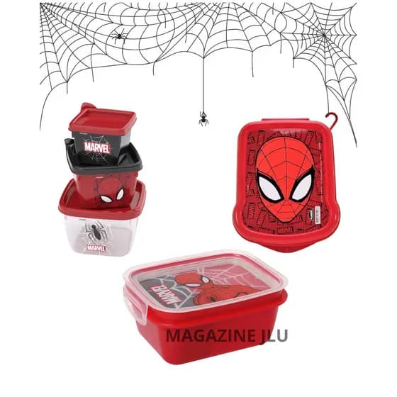 Kit Escolar Infantil  Homem Aranha Plasútil 3 peças Marmita Sanduicheira  Lancheira Escola Lanche
