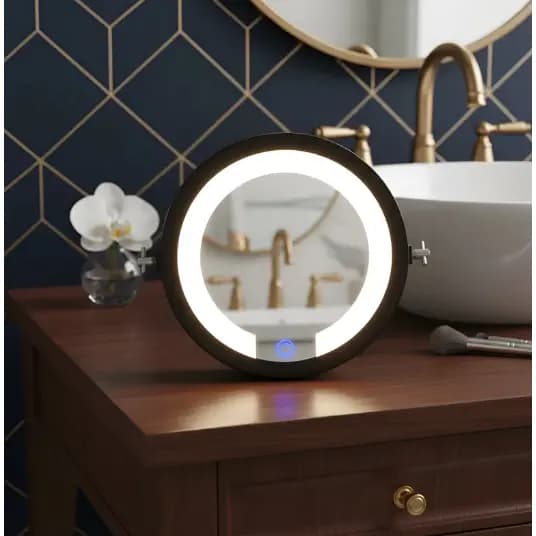 Espelho De Mesa Redondo Marrom Com Led - Touch Screen - 20cm - Maquiagem