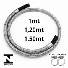 Mangueira de Gás Revestida Aço Inox + 2 Abraçadeiras - 1m / 1,20m / 1,50m - Aprovada Inmetro